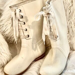 Rare Vintage Sperry Top Sider Rain Boots Tall Lace-up  Cream Size 8-8.5